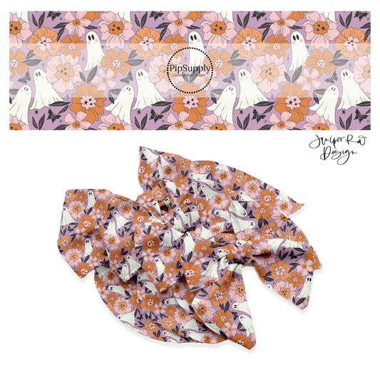 White ghost with orange and pink flowers on purple hair bow strips