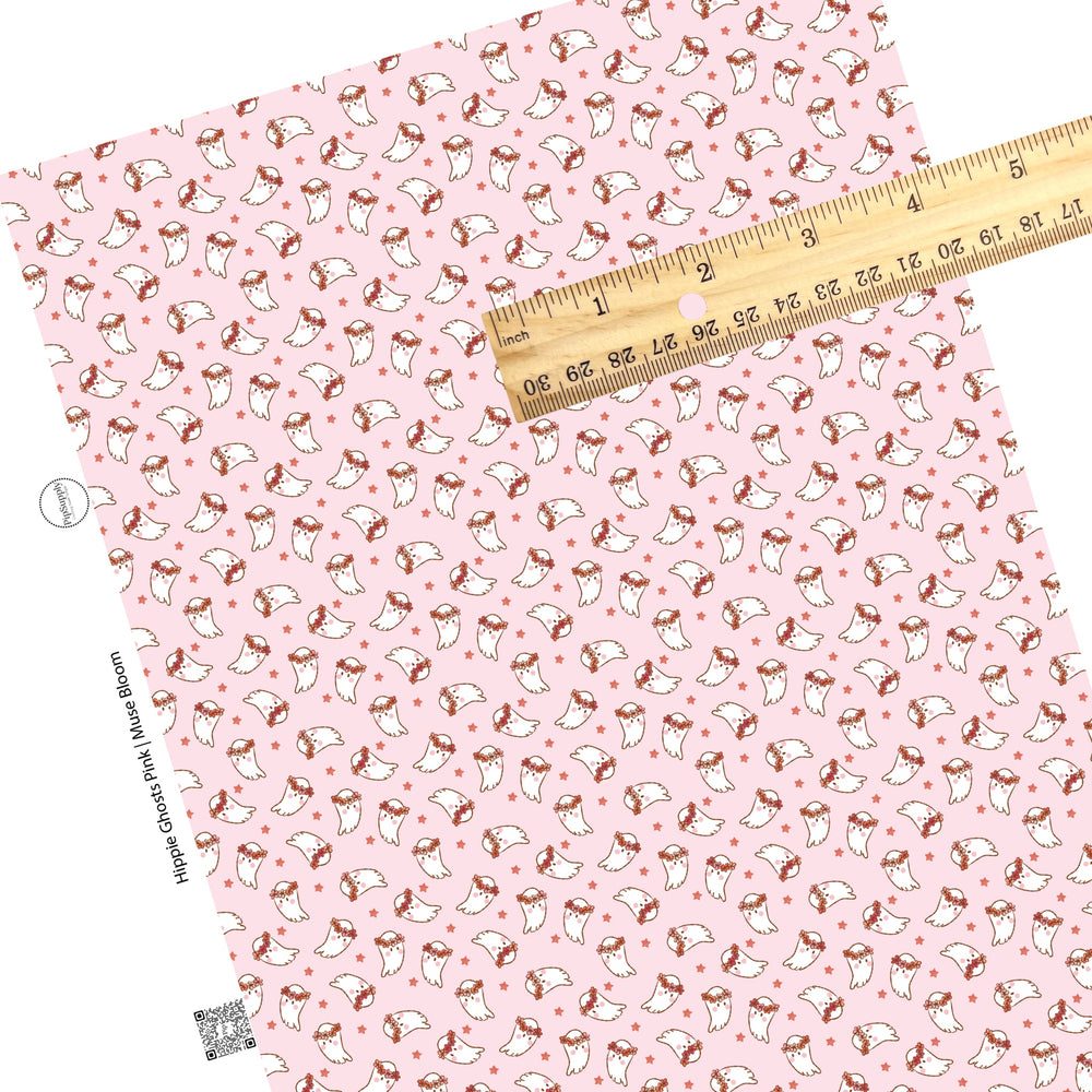 Ghost, flowers, and stars on pink faux leather sheets