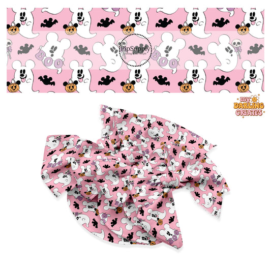 White ghost and black bats on pink hair bow strips