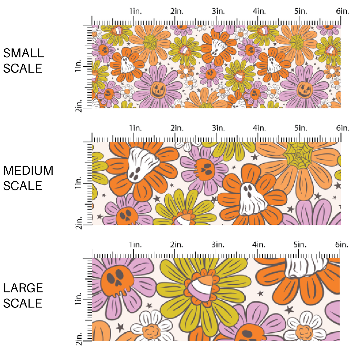 This scale chart of small scale, medium scale and large scale of these Halloween themed pink, yellow, and orange fabric by the yard features small ghost, pumpkins, skulls, and stars on large bright daisies in pink, yellow, and orange. This fun spooky themed fabric can be used for all your sewing and crafting needs! 