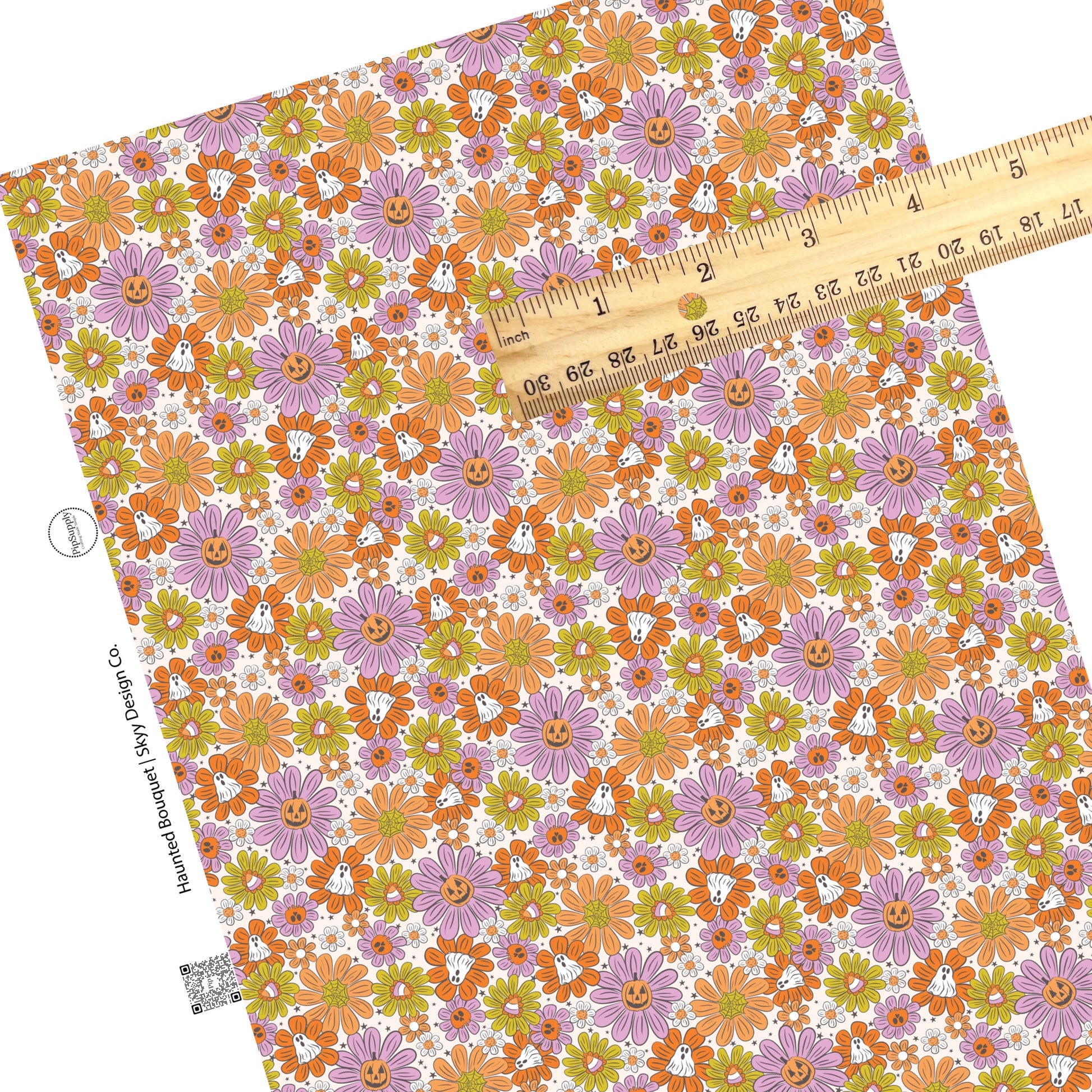 These Halloween themed pink, yellow, and orange faux leather sheets contain the following design elements: small ghost, pumpkins, skulls, and stars on large bright daisies in pink, yellow, and orange. Our CPSIA compliant faux leather sheets or rolls can be used for all types of crafting projects.