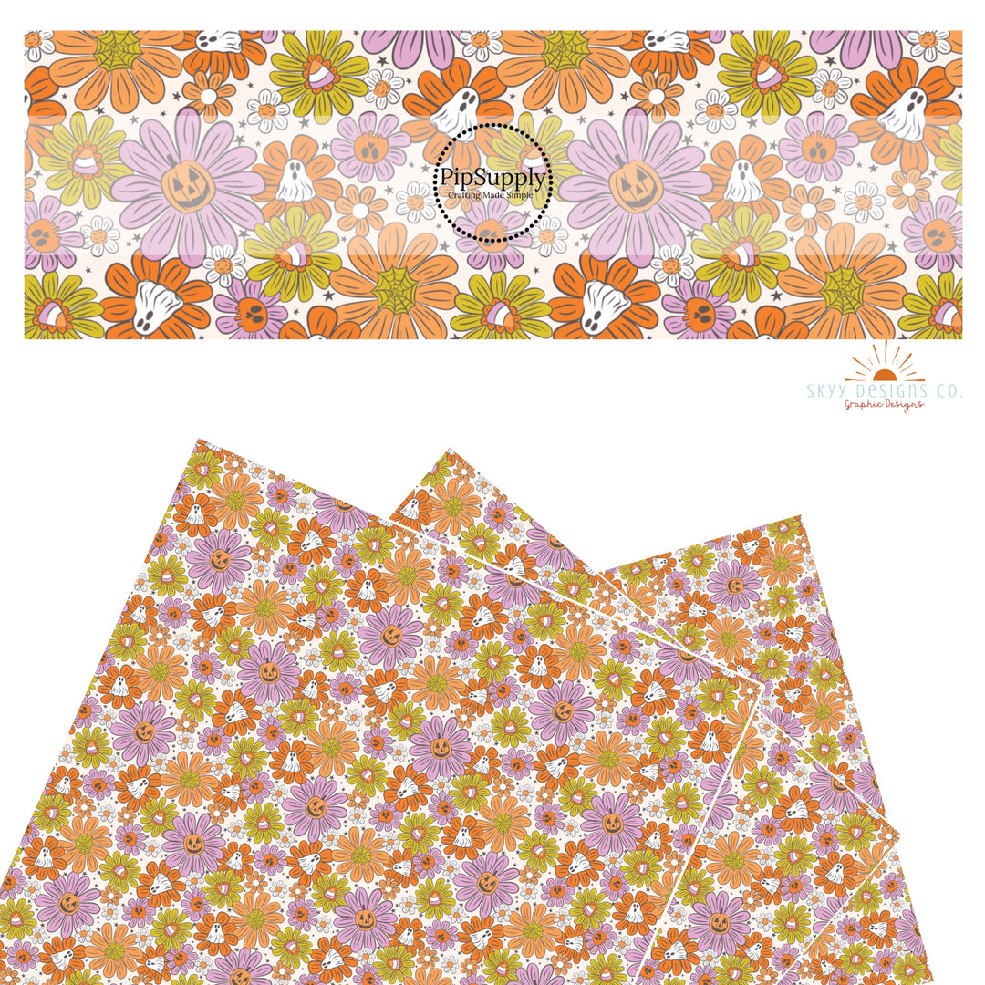 These Halloween themed pink, yellow, and orange faux leather sheets contain the following design elements: small ghost, pumpkins, skulls, and stars on large bright daisies in pink, yellow, and orange. Our CPSIA compliant faux leather sheets or rolls can be used for all types of crafting projects.