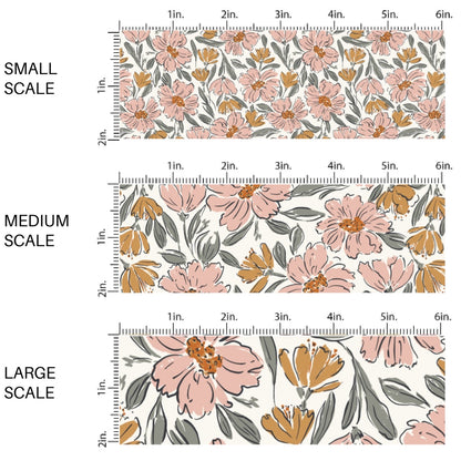 This scale chart of small scale, medium scale, and large scale of these Halloween themed pattern fabric by the yard features the following design elements: pink and orange flowers on cream. This fun spooky themed fabric can be used for all your sewing and crafting needs!