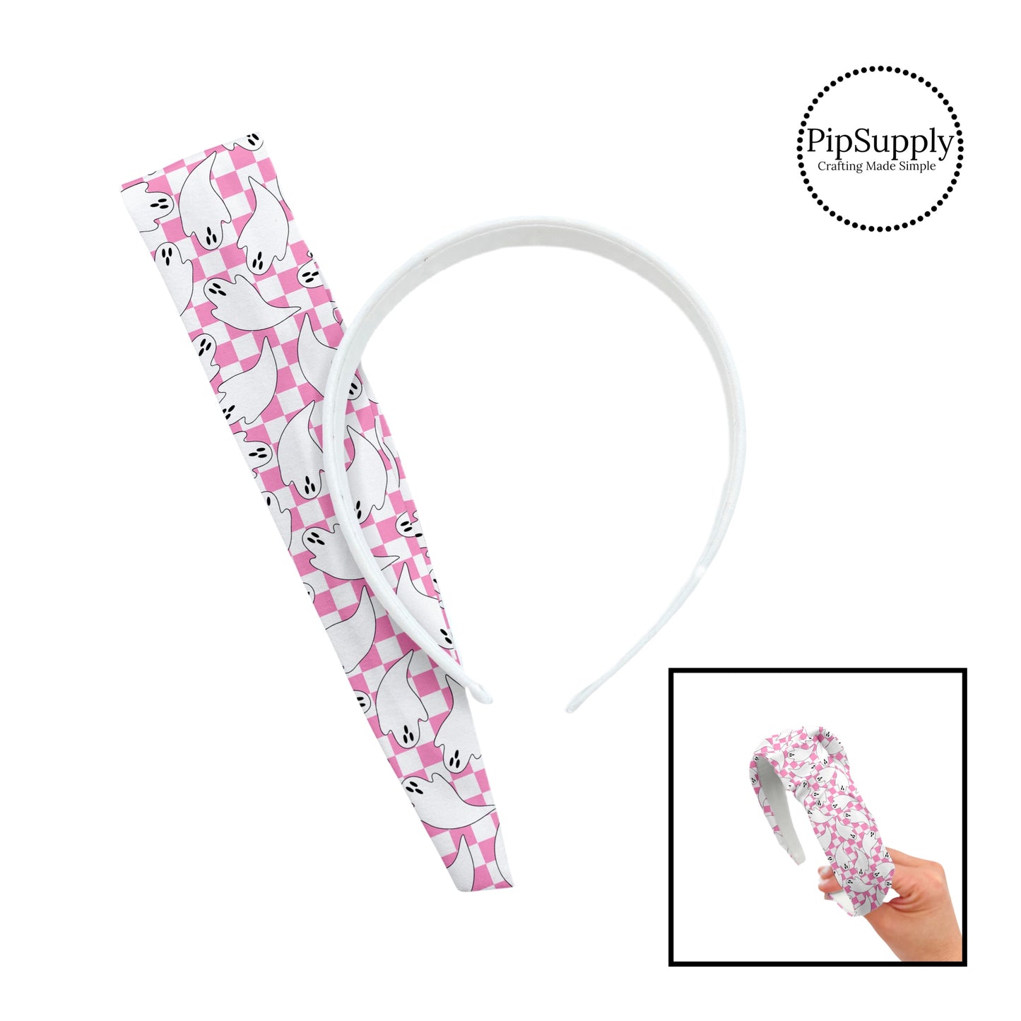 White floating ghost on pink and white checker knotted headband kit