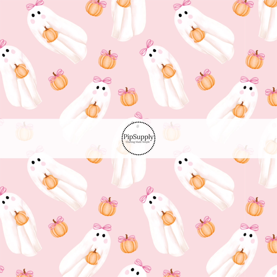 These spooky themed pattern fabric by the yard features the following design elements: ghost with bows on pink. This fun themed fabric can be used for all your sewing and crafting needs!