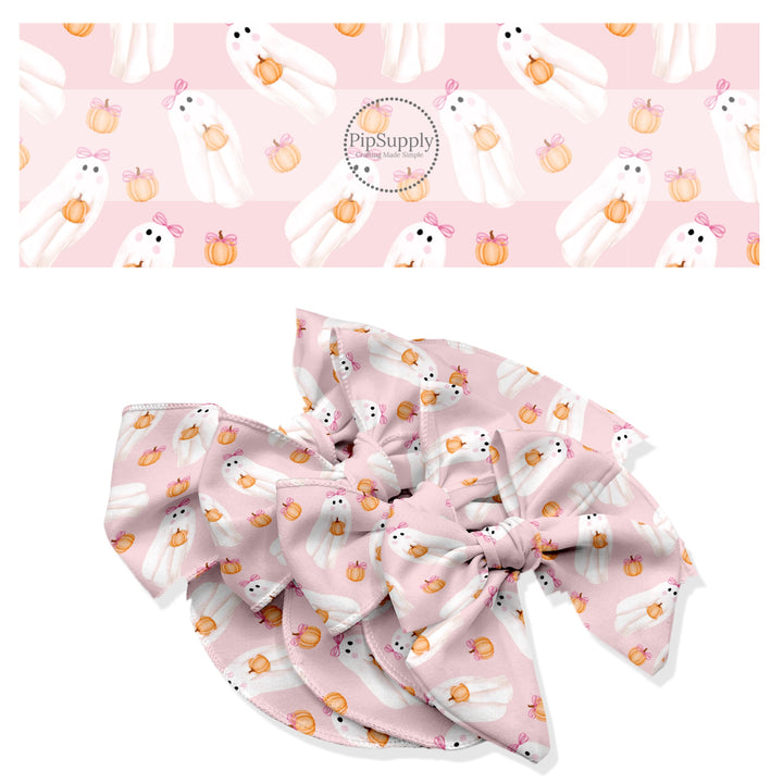 These spooky themed no sew bow strips can be easily tied and attached to a clip for a finished hair bow. These fun patterned bow strips are great for personal use or to sell. These bow strips feature the following design elements: ghost with bows on pink.