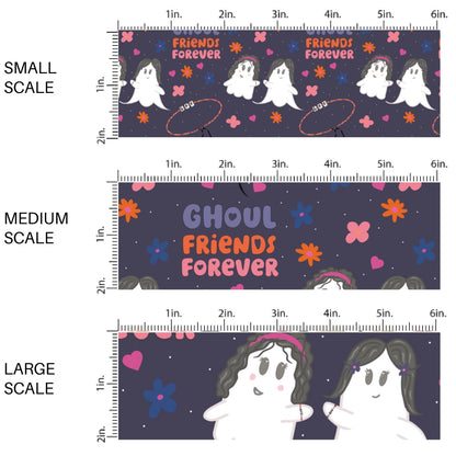 This scale chart of small scale, medium scale, and large scale of these Halloween themed pattern fabric by the yard features the following design elements: "Ghoul Friends Forever" saying and ghost with friendship bracelets. This fun spooky themed fabric can be used for all your sewing and crafting needs.