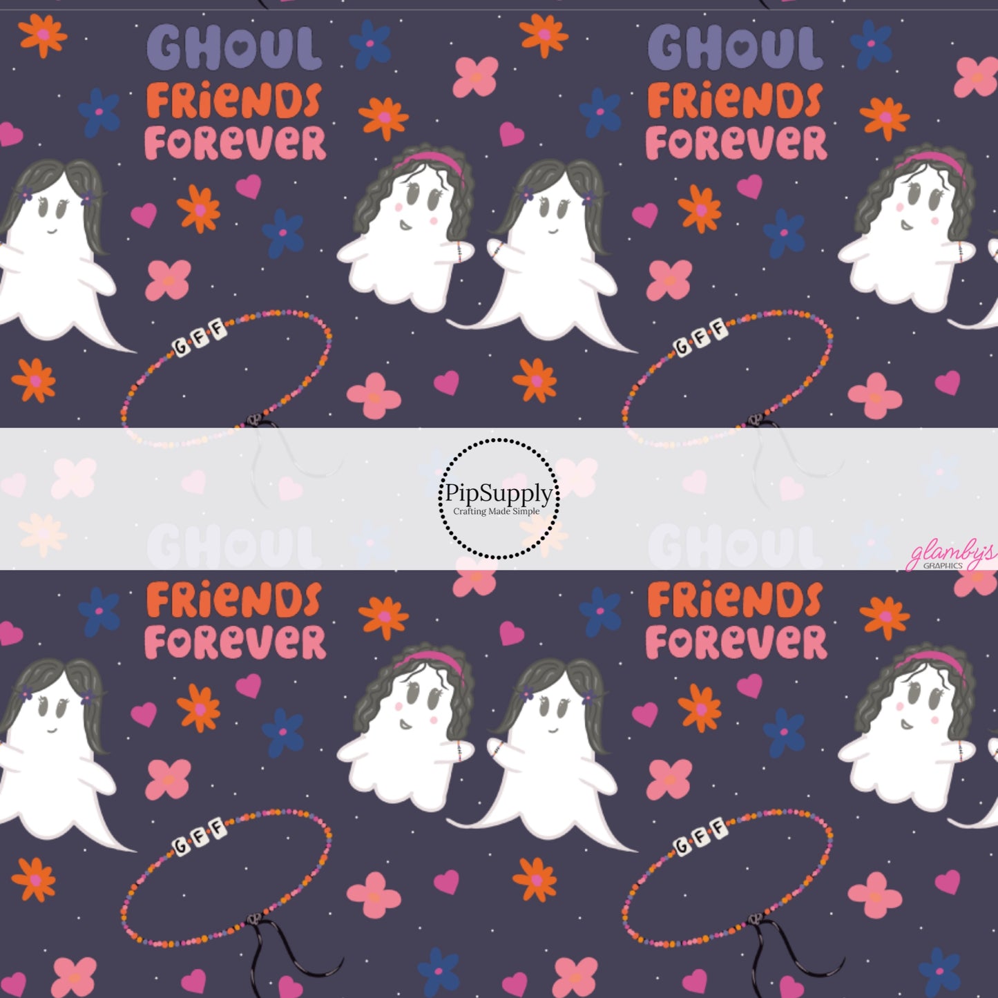 These Halloween themed pattern fabric by the yard features the following design elements: "Ghoul Friends Forever" saying and ghost with friendship bracelets. This fun spooky themed fabric can be used for all your sewing and crafting needs.