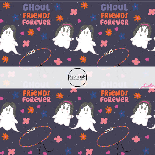 These Halloween themed pattern fabric by the yard features the following design elements: "Ghoul Friends Forever" saying and ghost with friendship bracelets. This fun spooky themed fabric can be used for all your sewing and crafting needs.