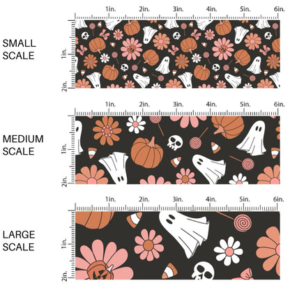 These Halloween themed pattern fabric by the yard features the following design elements: pumpkins, ghost, and flowers on black. This fun spooky themed fabric can be used for all your sewing and crafting needs!