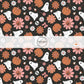 These Halloween themed pattern fabric by the yard features the following design elements: pumpkins, ghost, and flowers on black. This fun spooky themed fabric can be used for all your sewing and crafting needs!