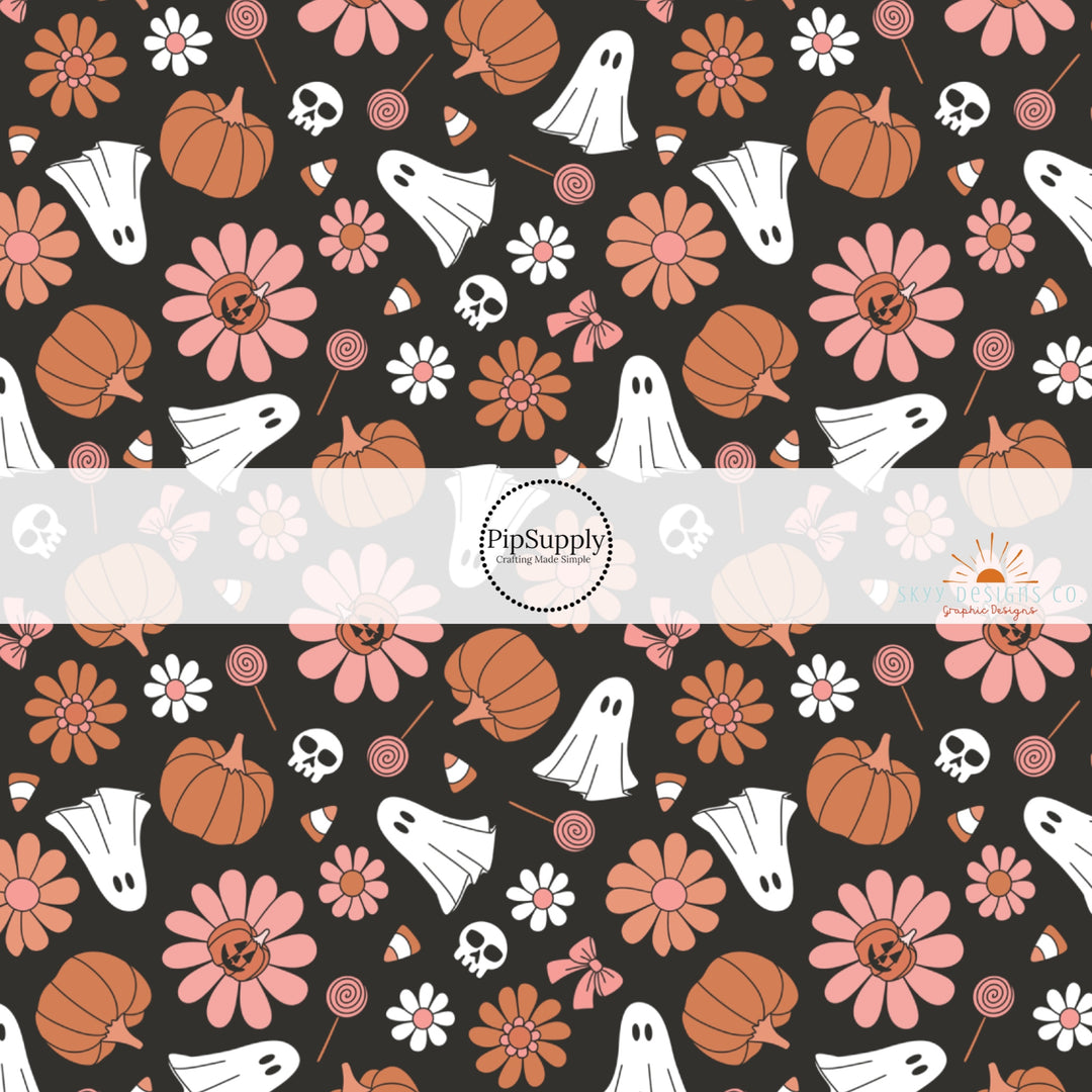 These Halloween themed pattern fabric by the yard features the following design elements: pumpkins, ghost, and flowers on black. This fun spooky themed fabric can be used for all your sewing and crafting needs!