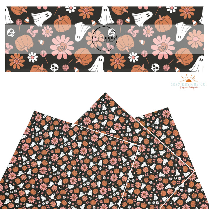 These Halloween themed pattern faux leather sheets contain the following design elements: pumpkins, ghost, and flowers on black. Our CPSIA compliant faux leather sheets or rolls can be used for all types of crafting projects.