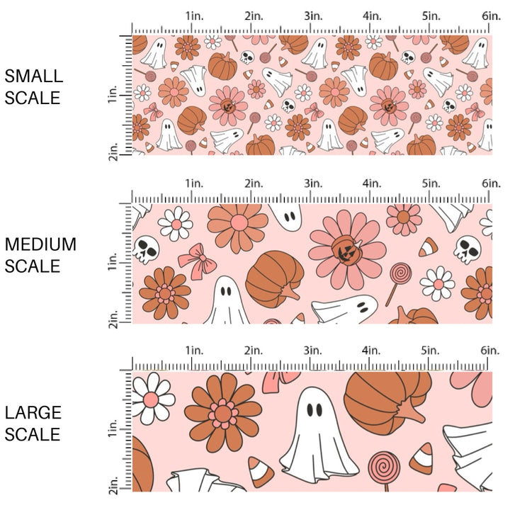 These Halloween themed pattern fabric by the yard features the following design elements: pumpkins, ghost, and flowers on pink. This fun spooky themed fabric can be used for all your sewing and crafting needs!