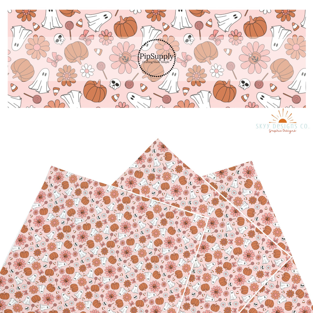 These Halloween themed pattern faux leather sheets contain the following design elements: pumpkins, ghost, and flowers on pink. Our CPSIA compliant faux leather sheets or rolls can be used for all types of crafting projects.