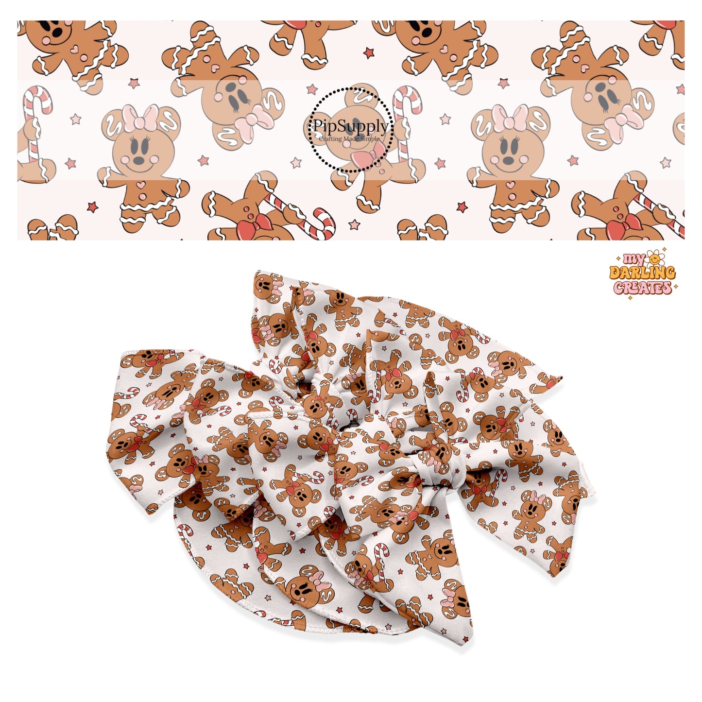 Gingerbread man with candy canes and stars on cream hair bow strips