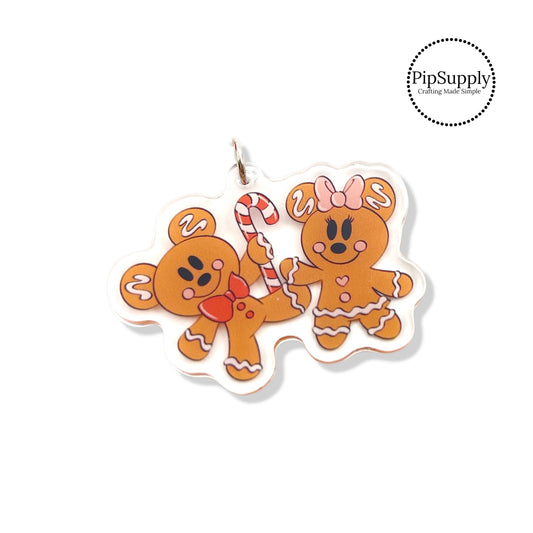 Brown gingerbread mice with candy canes and bows acyrlic pendant