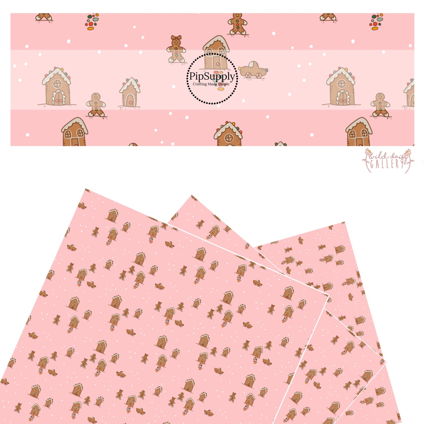 Gingerbread houses with polka dots on pink faux leather sheets