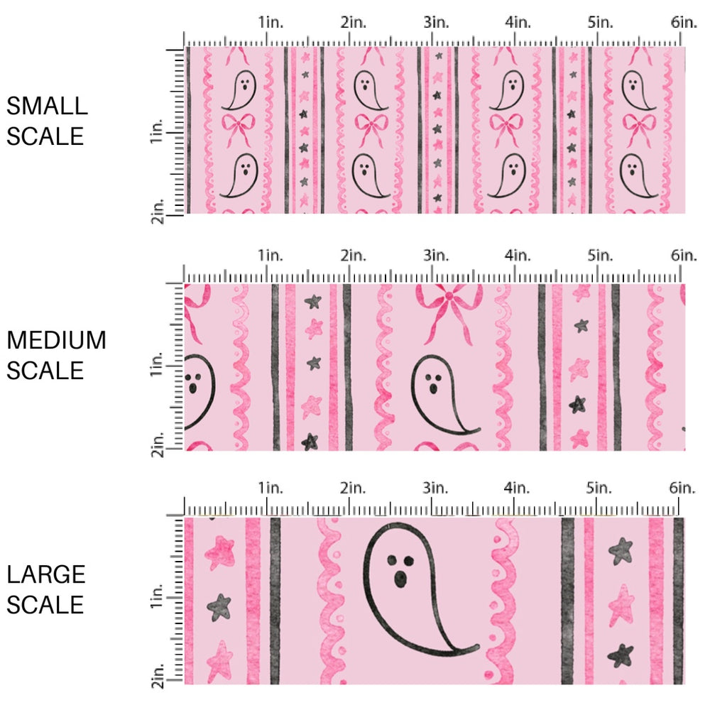 This scale chart of small scale, medium scale, and large scale of these Halloween themed pattern fabric by the yard features the following design elements: Halloween themed stripes on pink. This fun spooky themed fabric can be used for all your sewing and crafting needs!