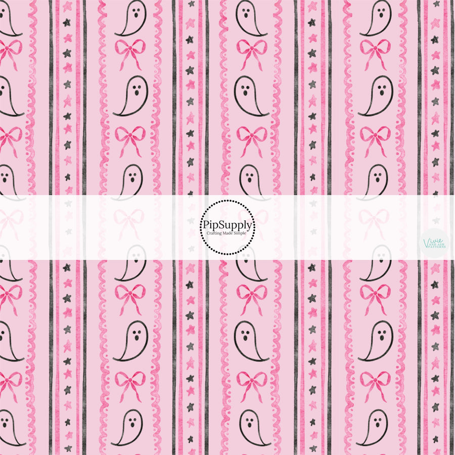 These Halloween themed pattern fabric by the yard features the following design elements: Halloween themed stripes on pink. This fun spooky themed fabric can be used for all your sewing and crafting needs!