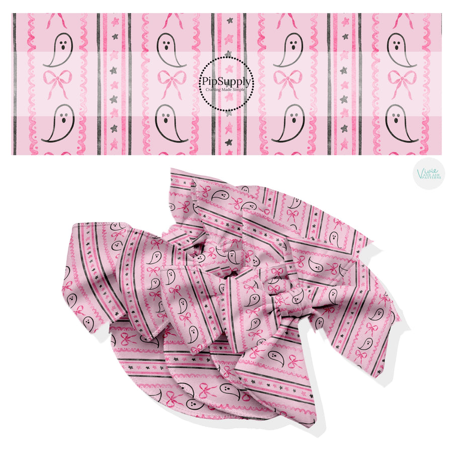 These Halloween themed no sew bow strips can be easily tied and attached to a clip for a finished hair bow. These fun spooky patterned bow strips are great for personal use or to sell. These bow strips feature the following design elements: Halloween themed stripes on pink.