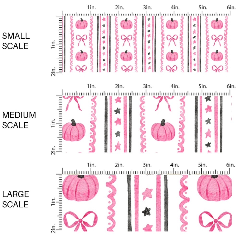 This scale chart of small scale, medium scale, and large scale of these Halloween themed pattern fabric by the yard features the following design elements: pink Halloween themed stripes on cream. This fun spooky themed fabric can be used for all your sewing and crafting needs!