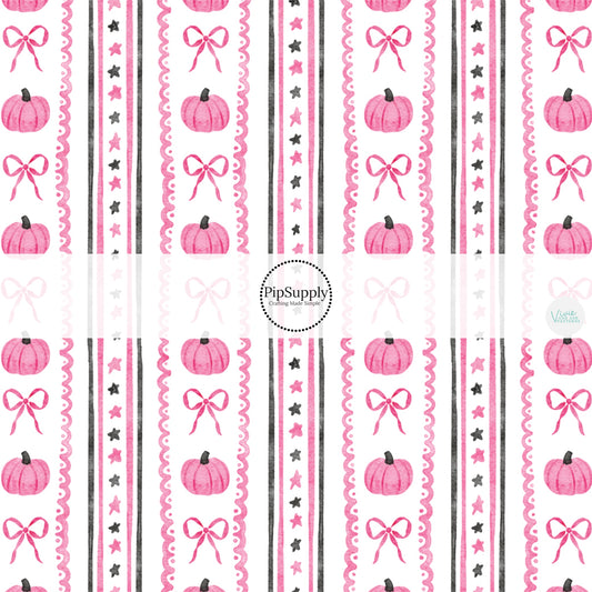 These Halloween themed pattern fabric by the yard features the following design elements: pink Halloween themed stripes on cream. This fun spooky themed fabric can be used for all your sewing and crafting needs!