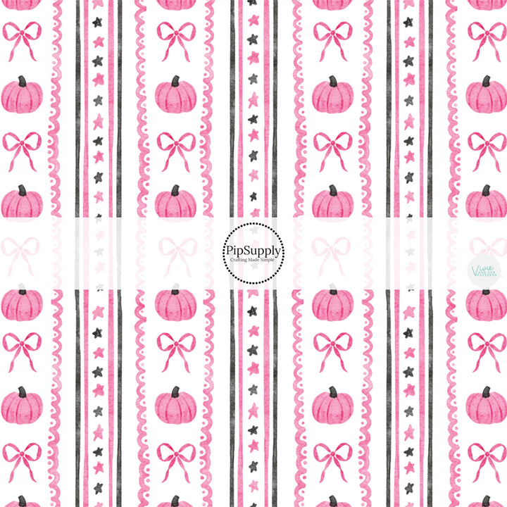 These Halloween themed pattern fabric by the yard features the following design elements: pink Halloween themed stripes on cream. This fun spooky themed fabric can be used for all your sewing and crafting needs!