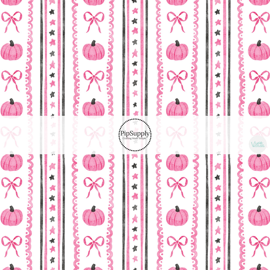 These Halloween themed pattern fabric by the yard features the following design elements: pink Halloween themed stripes on cream. This fun spooky themed fabric can be used for all your sewing and crafting needs!