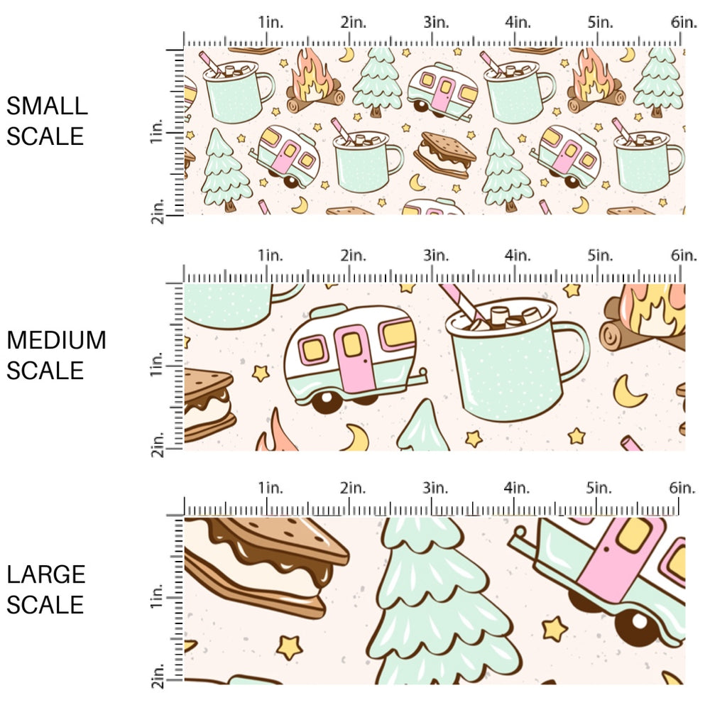 This scale chart of small scale, medium scale, and large scale of this summer fabric by the yard features smores, hot cocoa, and campers. This fun summer themed fabric can be used for all your sewing and crafting needs! The designer of this pattern is Julie Storie Designs.