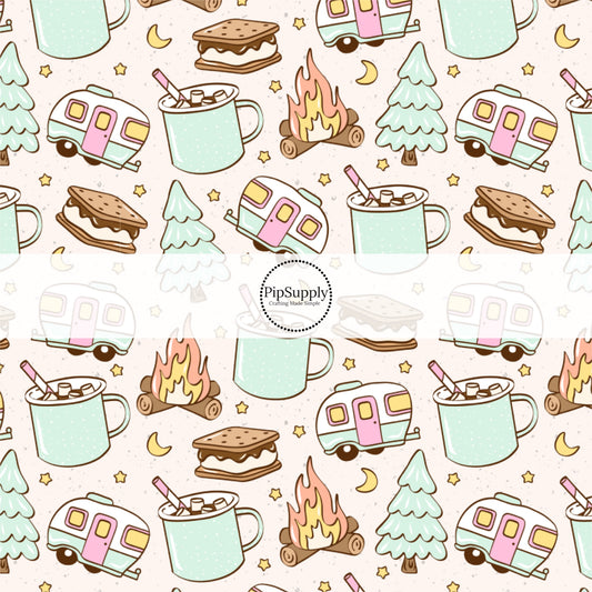 This summer fabric by the yard features smores, hot cocoa, and campers. This fun summer themed fabric can be used for all your sewing and crafting needs! The designer of this pattern is Julie Storie Designs.