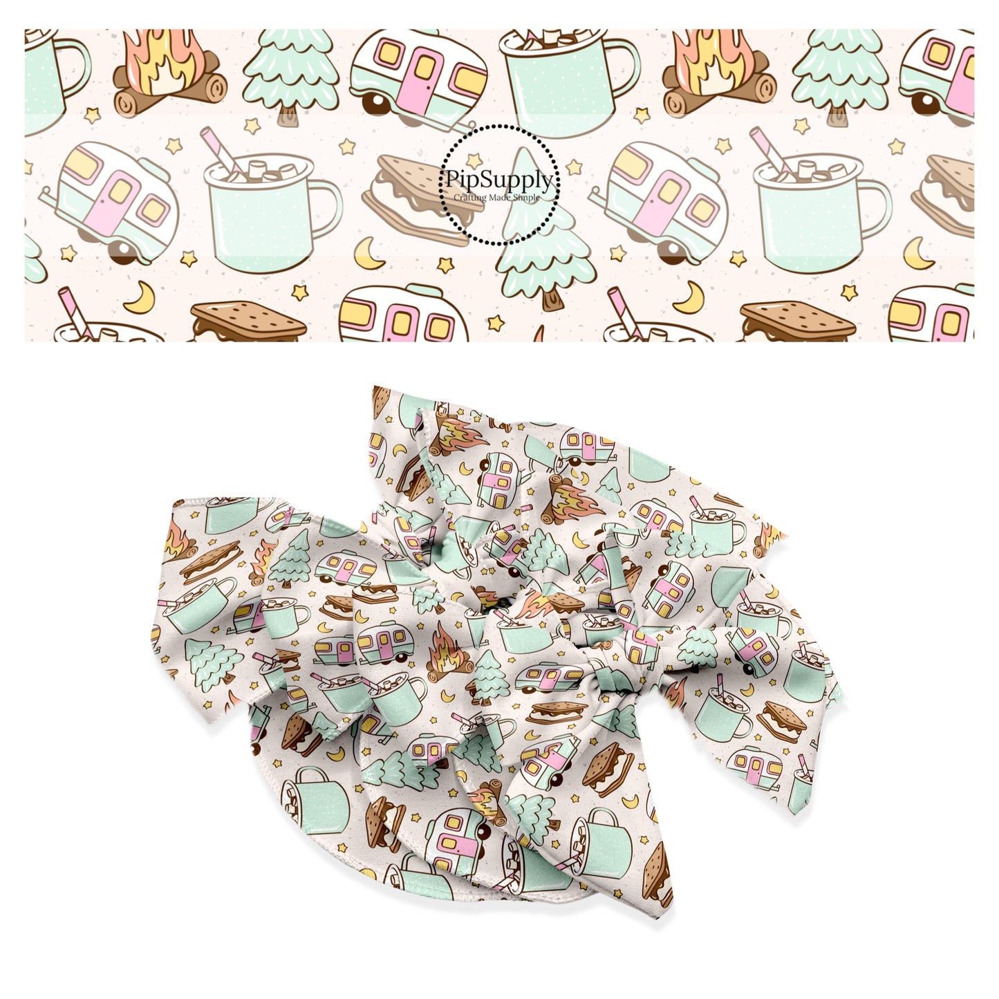 These summer themed no sew bow strips can be easily tied and attached to a clip for a finished hair bow. These summer patterned bow strips are great for personal use or to sell. These bow strips feature smores, hot cocoa, and campers. The designer of this pattern is Julie Storie Designs.