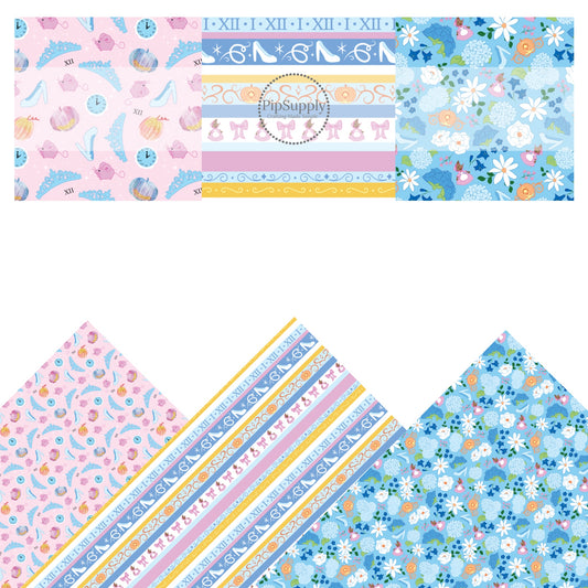 Pink and blue princess with clocks, glass slipper, and pumpkin carriage faux leather sheet pack
