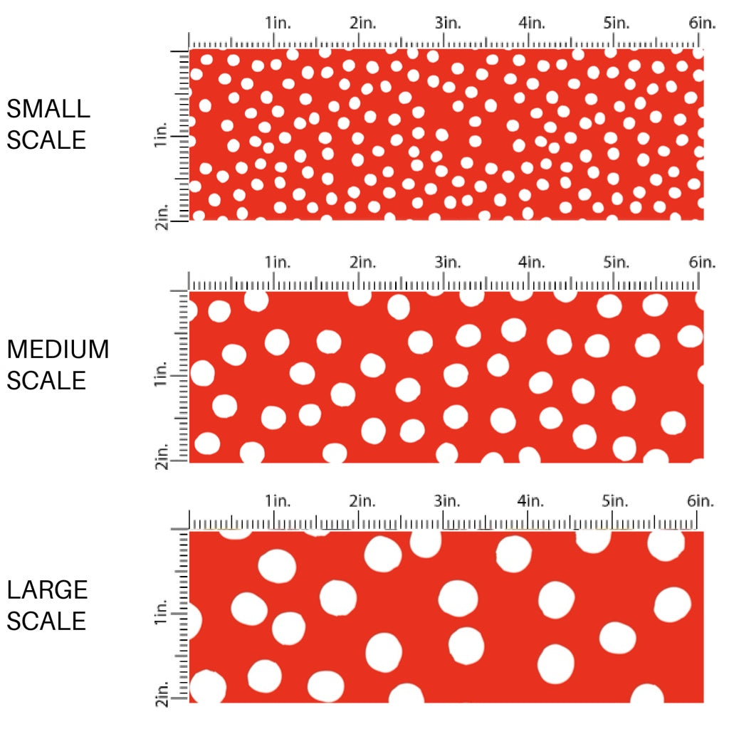 This scale chart of small scale, medium scale, and large scale of this 4th of July fabric by the yard features patriotic white dots on red. This fun patriotic themed fabric can be used for all your sewing and crafting needs!