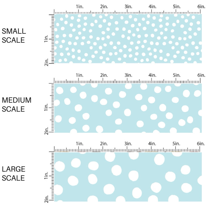 This scale chart of small scale, medium scale, and large scale of this 4th of July fabric by the yard features patriotic white dots on blue. This fun patriotic themed fabric can be used for all your sewing and crafting needs!