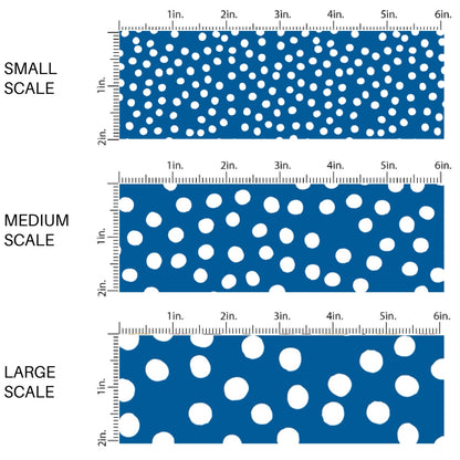 This scale chart of small scale, medium scale, and large scale of this 4th of July fabric by the yard features patriotic white dots on blue. This fun patriotic themed fabric can be used for all your sewing and crafting needs!