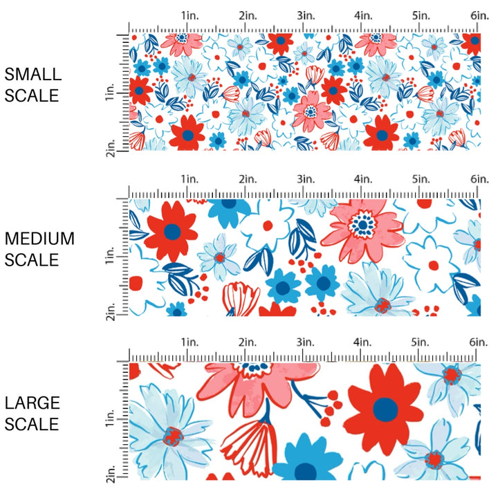 This scale chart of small scale, medium scale, and large scale of this 4th of July fabric by the yard features patriotic flowers on cream. This fun patriotic themed fabric can be used for all your sewing and crafting needs!