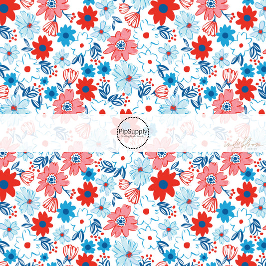 This 4th of July fabric by the yard features patriotic flowers on cream. This fun patriotic themed fabric can be used for all your sewing and crafting needs!