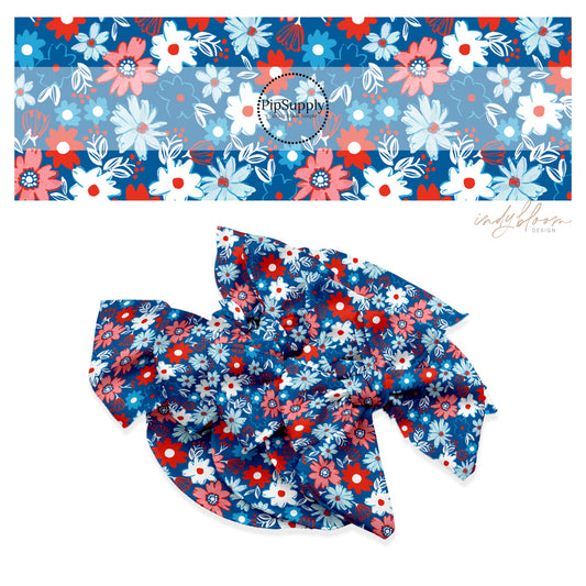 These 4th of July themed no sew bow strips can be easily tied and attached to a clip for a finished hair bow. These patterned bow strips are great for personal use or to sell. These bow strips features patriotic flowers on blue.