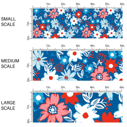 This scale chart of small scale, medium scale, and large scale of this 4th of July fabric by the yard features patriotic flowers on blue. This fun patriotic themed fabric can be used for all your sewing and crafting needs!