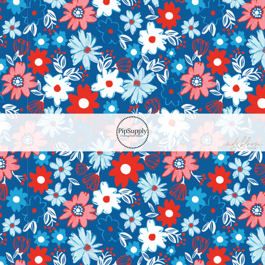 This 4th of July fabric by the yard features patriotic flowers on blue. This fun patriotic themed fabric can be used for all your sewing and crafting needs!