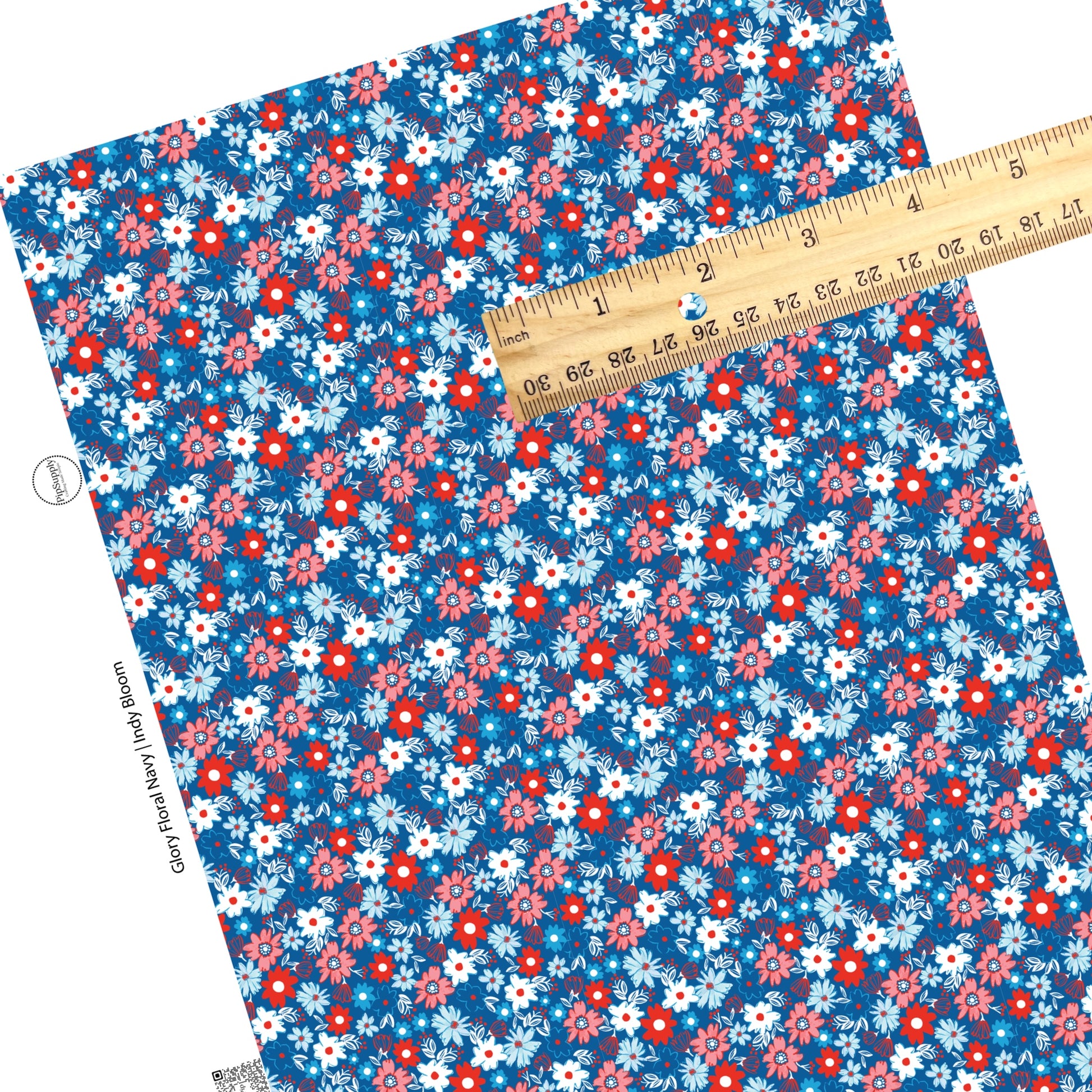 These 4th of July faux leather sheets contain the following design elements: patriotic flowers on blue. Our CPSIA compliant faux leather sheets or rolls can be used for all types of crafting projects.