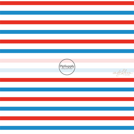This 4th of July fabric by the yard features patriotic blue and red stripes on white. This fun patriotic themed fabric can be used for all your sewing and crafting needs!