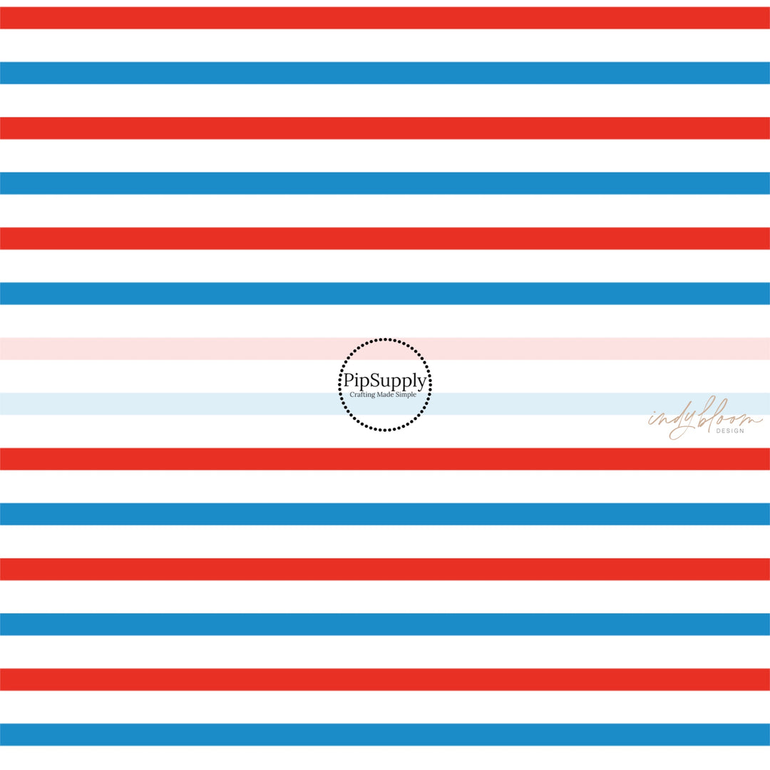 This 4th of July fabric by the yard features patriotic blue and red stripes on white. This fun patriotic themed fabric can be used for all your sewing and crafting needs!