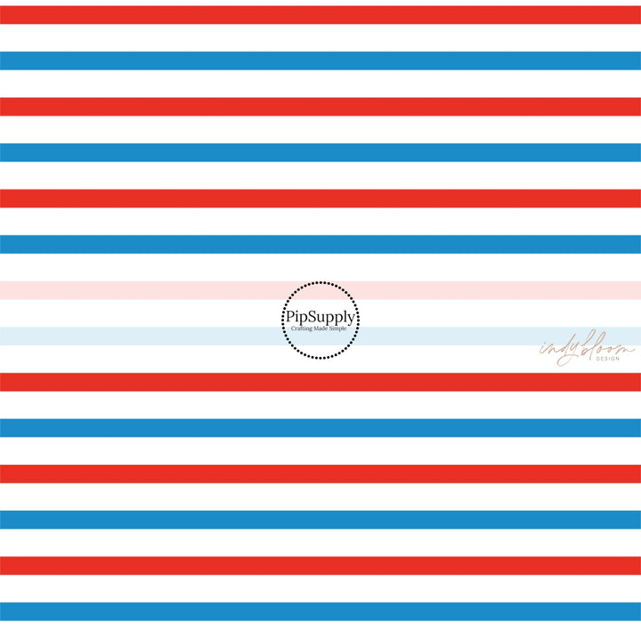 This 4th of July fabric by the yard features patriotic blue and red stripes on white. This fun patriotic themed fabric can be used for all your sewing and crafting needs!