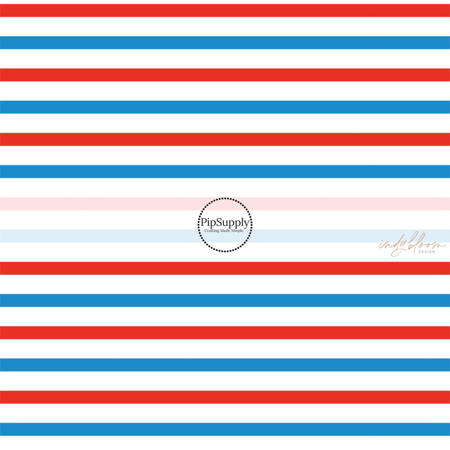 This 4th of July fabric by the yard features patriotic blue and red stripes on white. This fun patriotic themed fabric can be used for all your sewing and crafting needs!