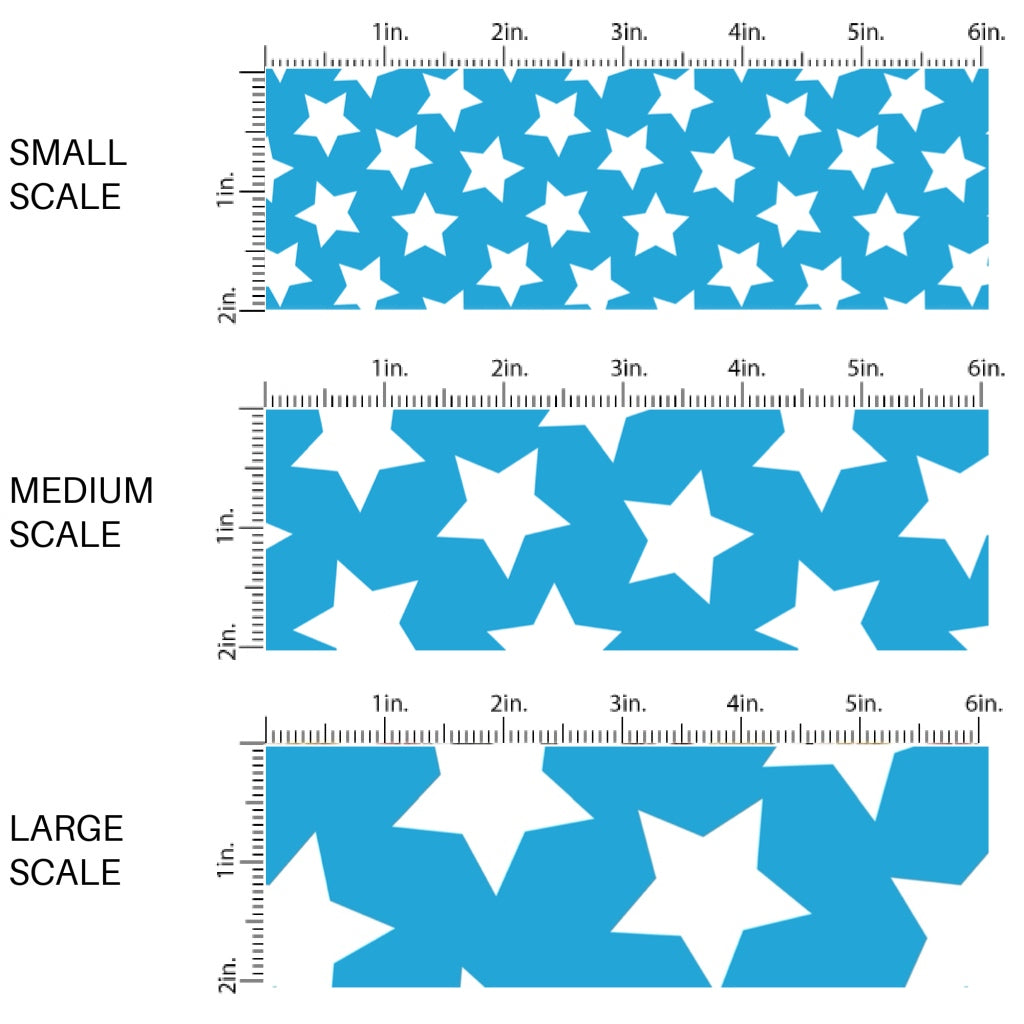 This scale chart of small scale, medium scale, and large scale of this 4th of July fabric by the yard features patriotic white stars on blue. This fun patriotic themed fabric can be used for all your sewing and crafting needs!