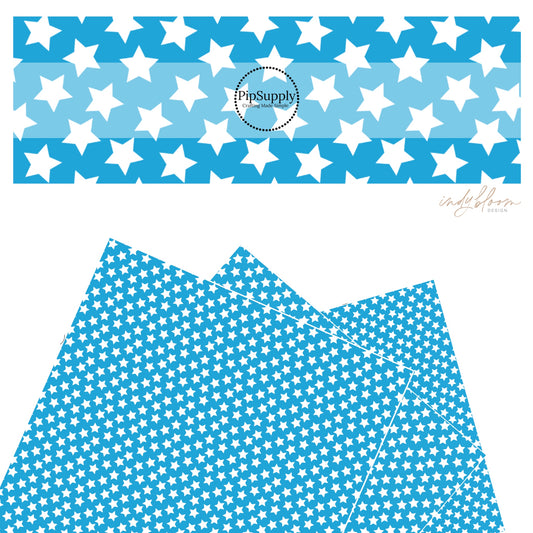 These 4th of July faux leather sheets contain the following design elements: patriotic white stars on blue. Our CPSIA compliant faux leather sheets or rolls can be used for all types of crafting projects.