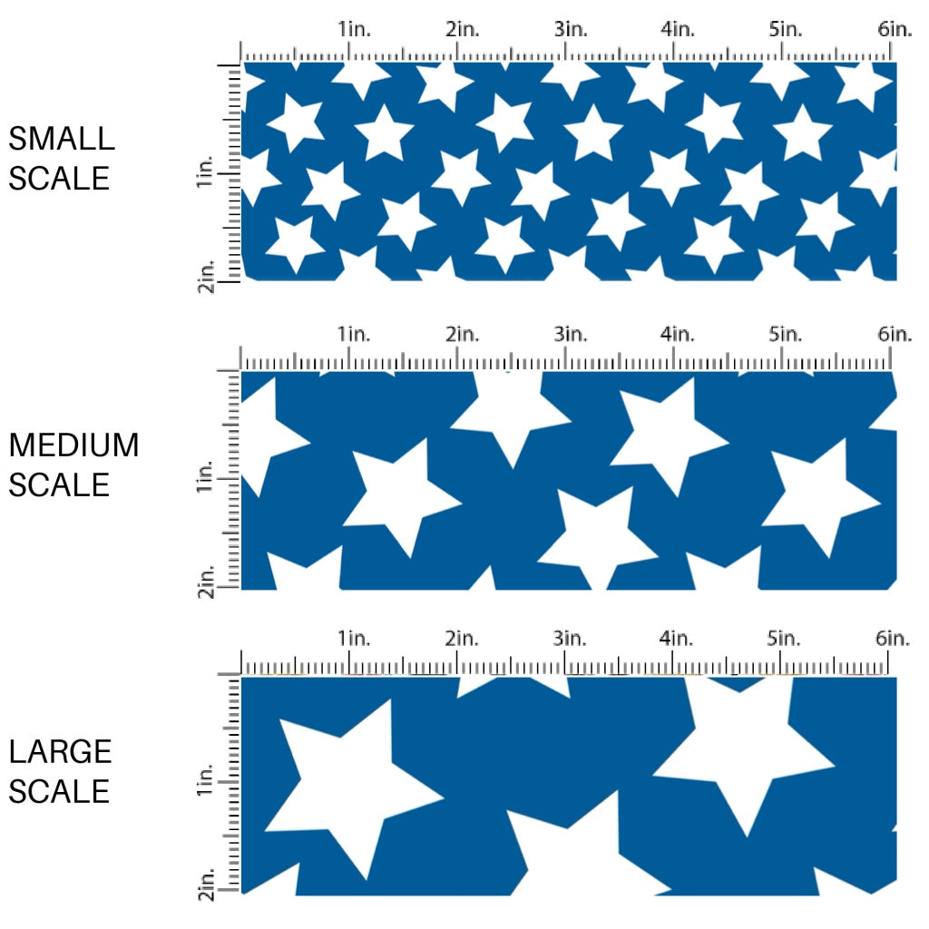 This scale chart of small scale, medium scale, and large scale of this 4th of July fabric by the yard features patriotic white stars on blue. This fun patriotic themed fabric can be used for all your sewing and crafting needs!