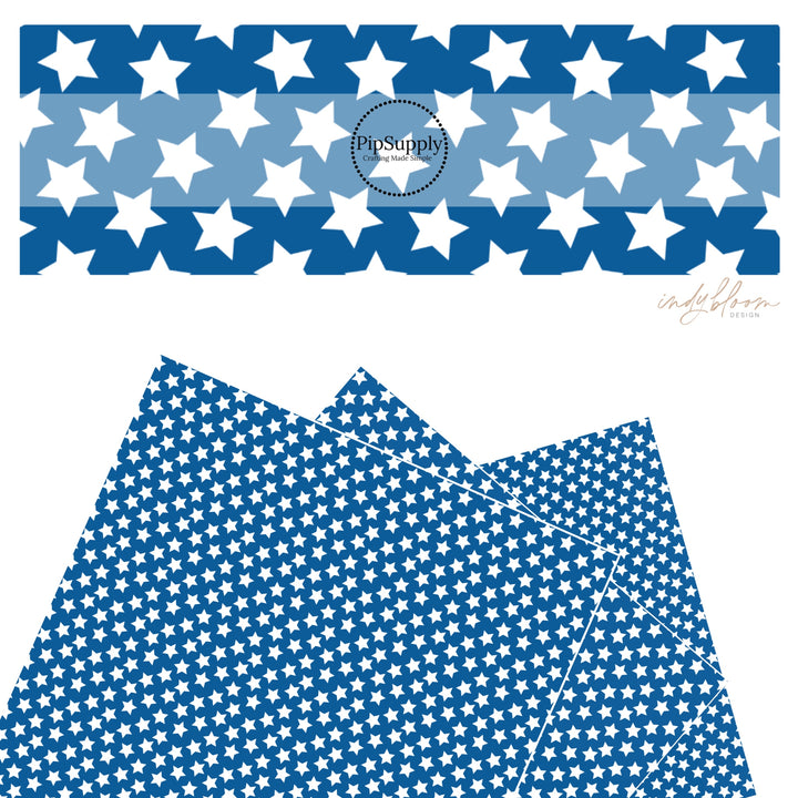 These 4th of July faux leather sheets contain the following design elements: patriotic white stars on blue. Our CPSIA compliant faux leather sheets or rolls can be used for all types of crafting projects.